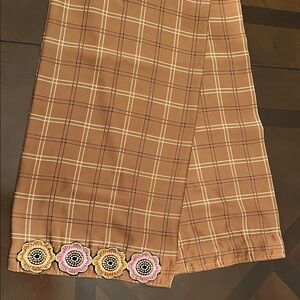 Handcrafted Elegant Brown Plaid Scarf with Floral Accents Trim